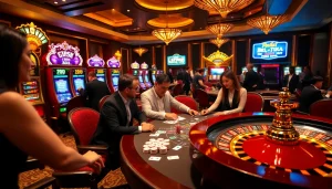 Players enjoying high-stakes poker at https://lc88tv.com/, surrounded by vibrant slot machines and roulette.