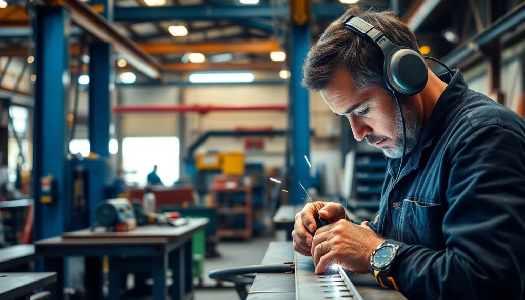 Skilled worker in a steel fabrication shop welding components with precision and expertise.