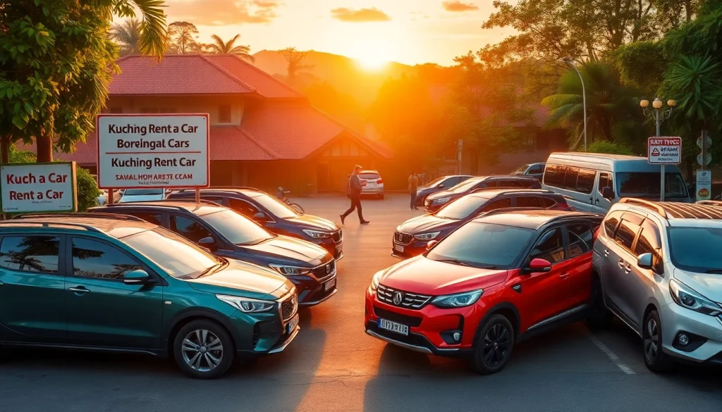 Kuching rent a car options with travelers enjoying the scenic backdrop of Kuching, Malaysia.