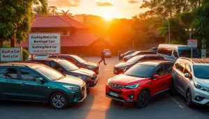 Kuching rent a car options with travelers enjoying the scenic backdrop of Kuching, Malaysia.