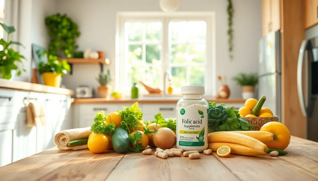 新鮮な野菜と果物とともに、明るいキッチンで葉酸サプリ。