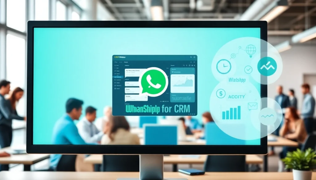 Illustration of What is a CRM for WhatsApp integration in a modern office setting, showcasing real-time messaging.