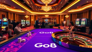 Players engaging at the Go8 casino table, enjoying an immersive gaming experience with vibrant poker chips.