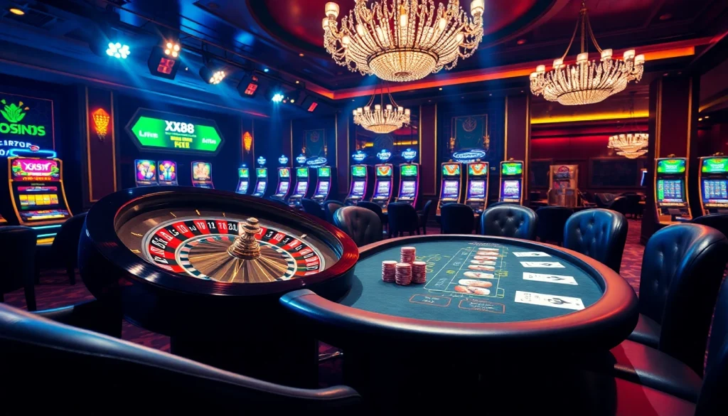 Experience thrilling gameplay at XX88 Casino with vibrant roulette and poker tables.