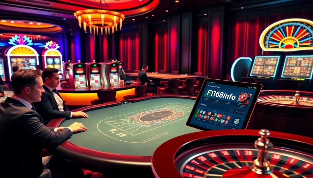 Experience excitement at f168info.com with a thrilling poker game amidst luxurious casino settings.