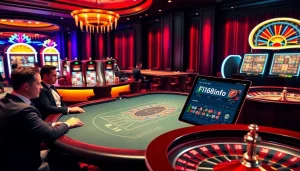Experience excitement at f168info.com with a thrilling poker game amidst luxurious casino settings.