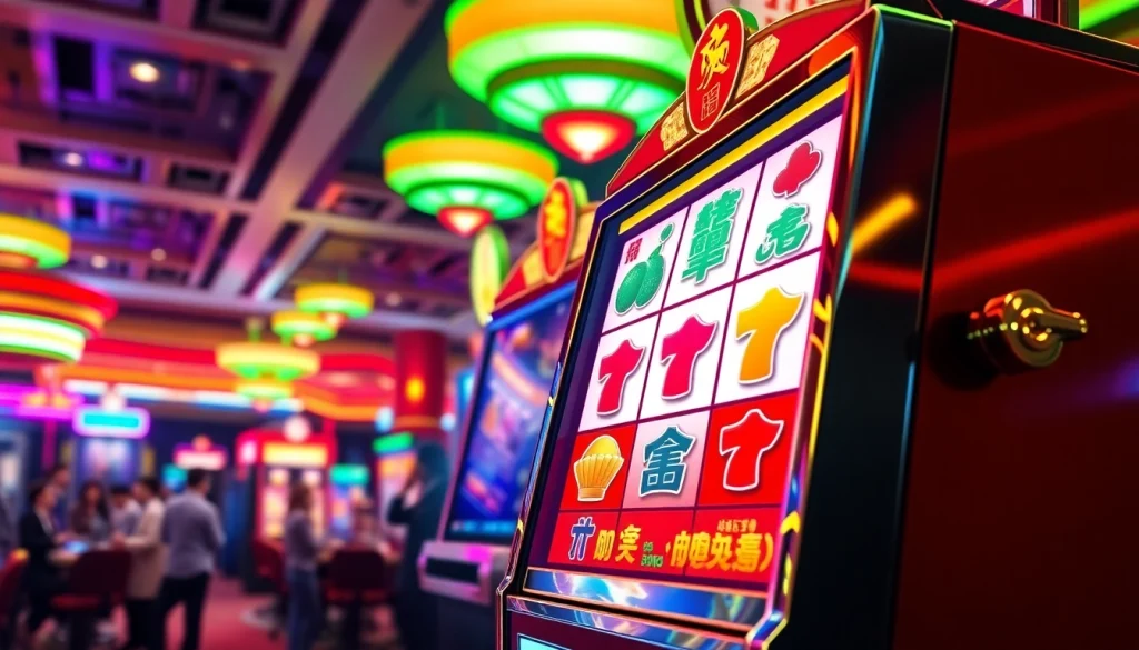 Gulir mahjong slot dengan simbol ikonik dan suasana kasino yang meriah.