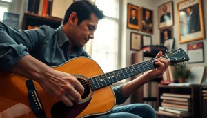 Enhance your skills with https://guitarlessons.co.uk, featuring a guitarist in a cozy setting focused on playing.