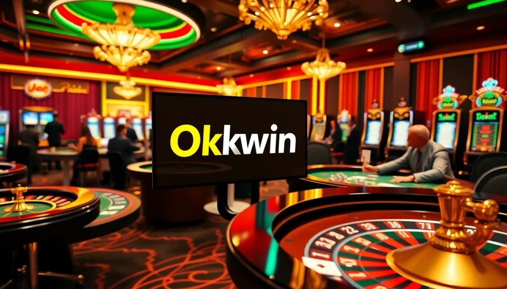 Okwin showcases a luxurious casino scene with betting tables, cards, and vibrant slot machines.