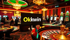 Okwin showcases a luxurious casino scene with betting tables, cards, and vibrant slot machines.