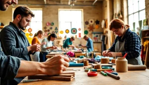 Participants in craft training Colorado actively creating projects in a vibrant workshop, fostering creativity.