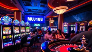 Players enjoying vibrant MUJI138 slot machines in an exciting casino atmosphere, showcasing luxury and thrill.