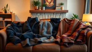 Fleece kledingstukken die een warme en gezellige sfeer creëren in een woonkamer.