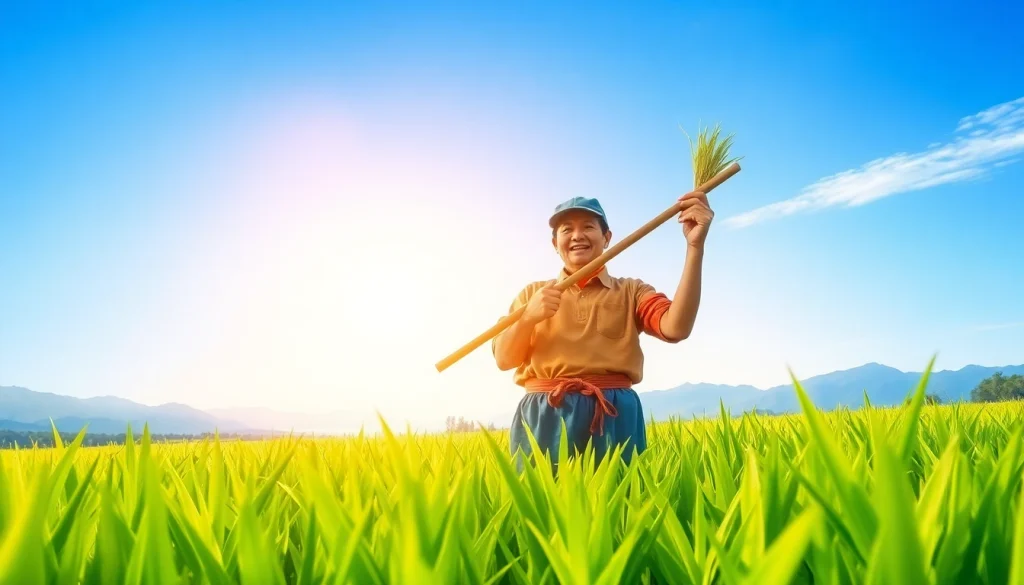 Petani toto sedang beraktivitas di ladang padi yang subur dengan sinar matahari cerah.