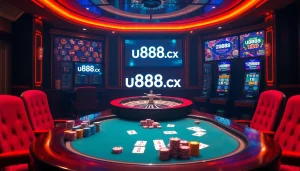 Engage in thrilling gameplay at u888.cx with a vibrant casino table set featuring colorful poker chips.
