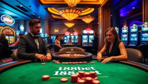 Experience the excitement of gambling at 188bet's luxurious casino table with chips and cards.