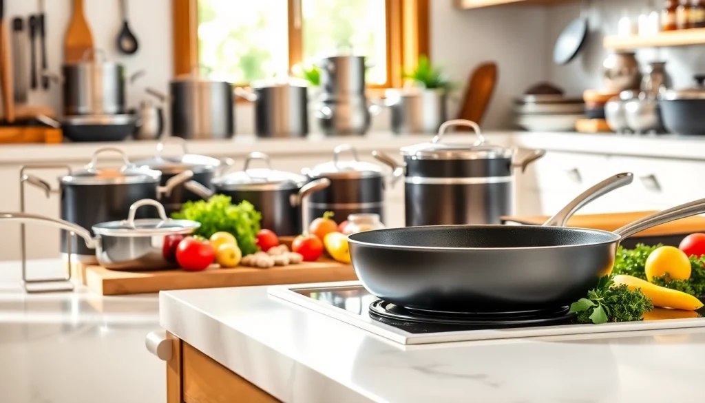 Showcase of high-quality cookware NZ with fresh ingredients in a bright kitchen.