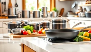 Showcase of high-quality cookware NZ with fresh ingredients in a bright kitchen.
