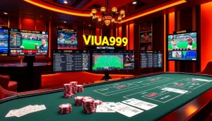 VUA99 sports betting scene with vibrant betting tables and interactive screens.