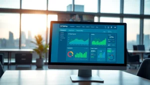 Visual representation of https://benchbot.ai showcasing AI testing platform metrics in a modern office.