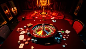 Engaging scene showcasing khela88 bangladesh casino excitement with poker chips and roulette wheel.