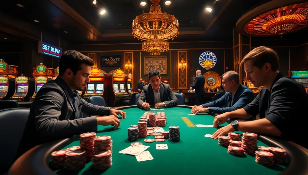Win big at the 33win poker table amidst colorful chips and luxury decor.