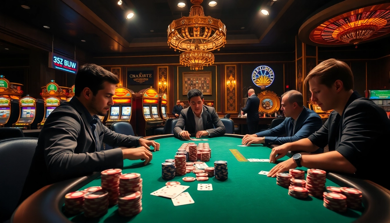 Win big at the 33win poker table amidst colorful chips and luxury decor.