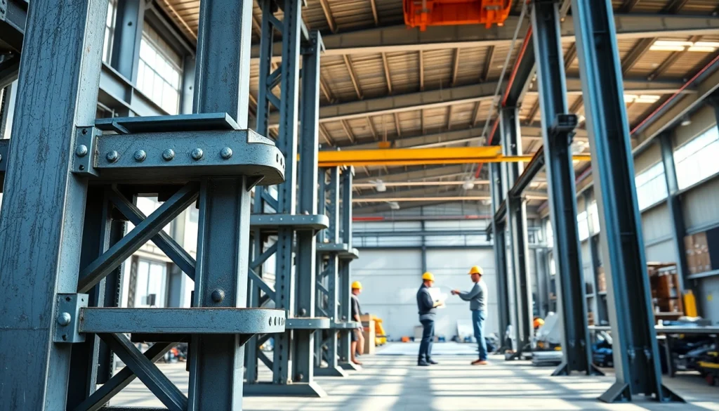 Engineers collaborating on a steel structure design in a workshop, showcasing detailed plans and steel components.
