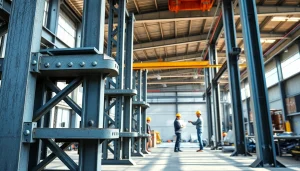 Engineers collaborating on a steel structure design in a workshop, showcasing detailed plans and steel components.