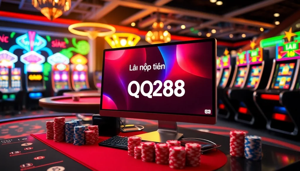 Nạp tiền qq88 in a vibrant online casino scene with colorful tables and poker chips.