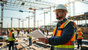 New Jersey Construction Manager supervises a busy construction site amid teamwork and activity.