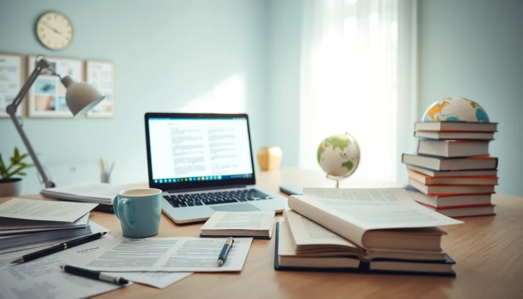 Professional workspace of a beëdigd vertaler with multilingual documents and translation tools.