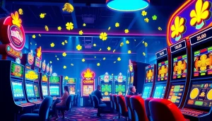 Menampilkan pengalaman bermain slot bet kecil dengan pemain yang antusias dan mesin slot berwarna-warni.