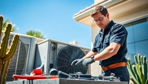 Expert technician conducting ac repair phoenix az in a sunny backyard setting.