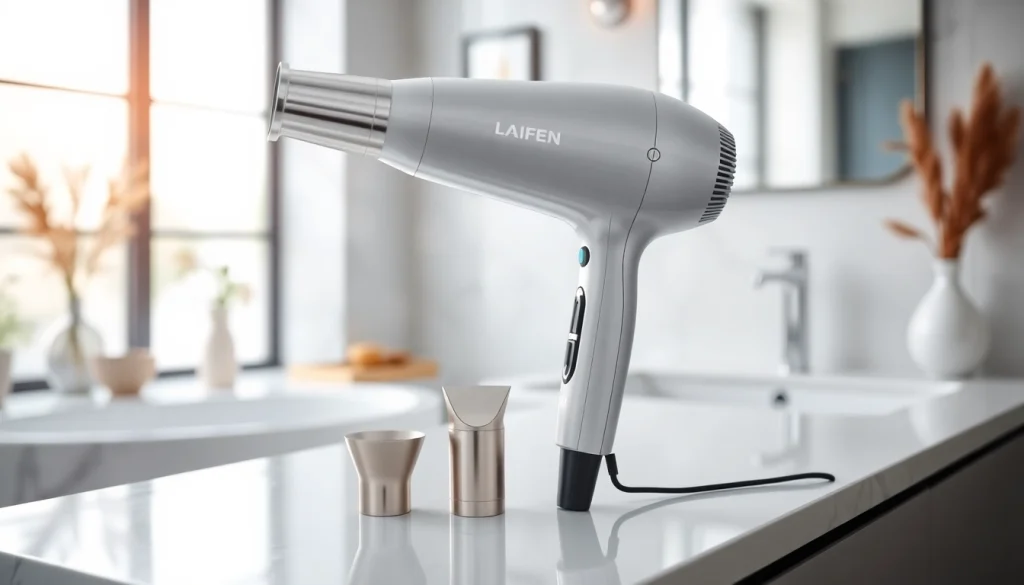 Stylized view of laifen swift special hair dryer showcasing its features and nozzles on a vanity.