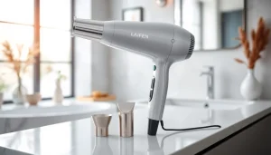 Stylized view of laifen swift special hair dryer showcasing its features and nozzles on a vanity.