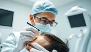 Performing a hair transplant london procedure in a modern clinic environment.
