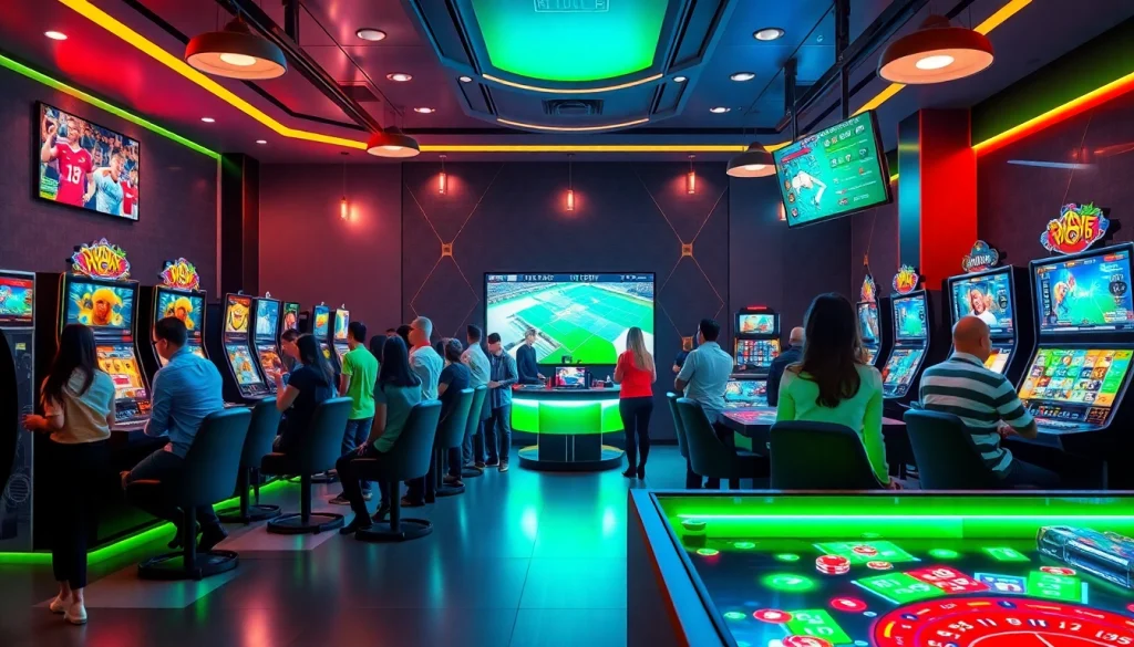 Exciting gaming experience at f168biz.com featuring diverse players engaging with slots and sports betting in a vibrant lounge.