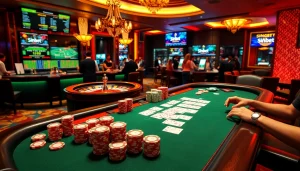 A thrilling casino scene with poker chips and cards showcasing sinbet.ink's exciting gaming atmosphere.