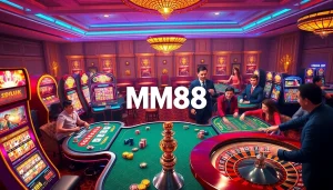 Excited players strategizing at the Nhà cái MM88 casino table surrounded by vibrant slot machines.