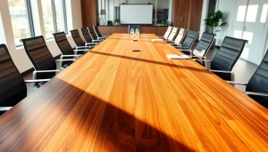 Showcasing elegant conference tables in a modern office space with natural lighting.