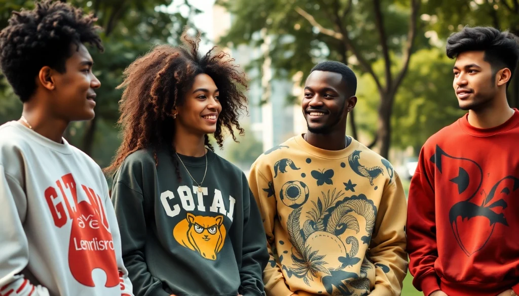 Stylish designer sweatshirts showcased in a vibrant urban setting with diverse individuals.