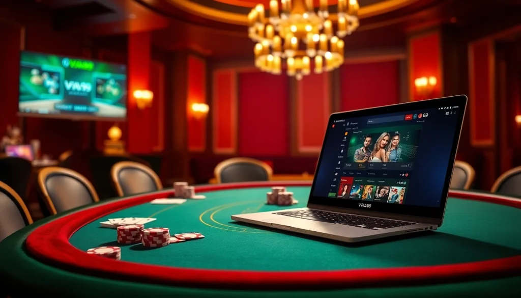 VUA99 gambling scene showcasing luxury poker table and online interfaces for a thrilling experience.