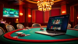 VUA99 gambling scene showcasing luxury poker table and online interfaces for a thrilling experience.