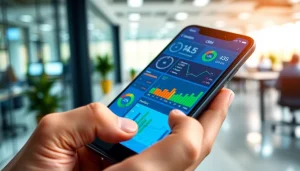 Engaging mobile CRM interface showcasing charts and data in a vibrant office.