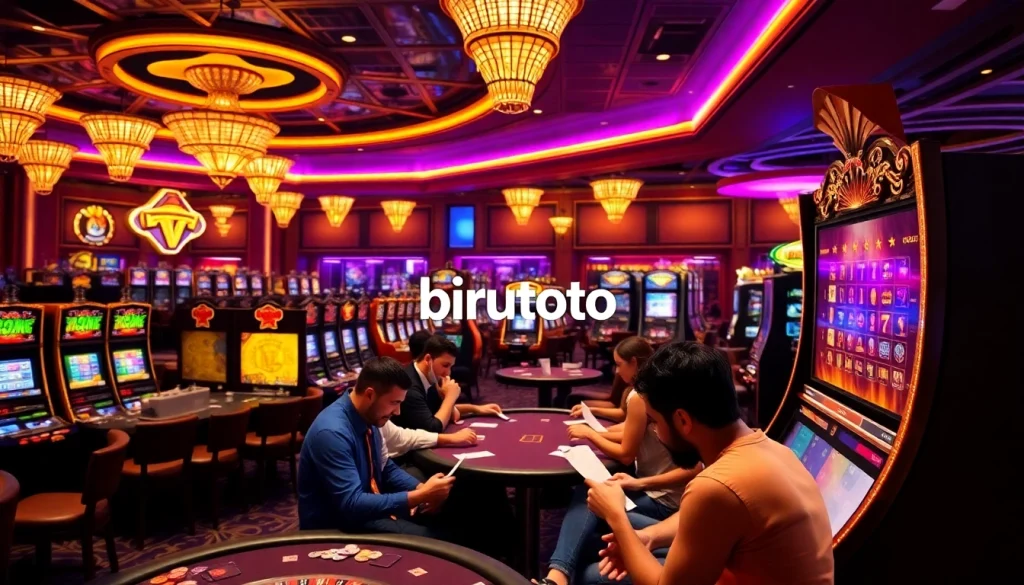 Players engage with slot machines and poker tables at Birutoto casino, showcasing luxury and excitement.