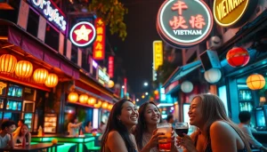 Experience 베트남밤문화 with friends in a lively night scene featuring neon lights and vibrant cafes.