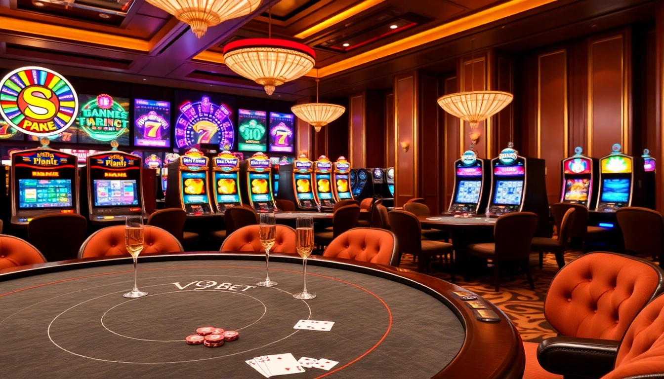 V9 bet luxury casino scene with poker tables, vibrant slot machines, and excitement-filled atmosphere.
