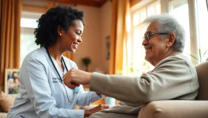 Engaging moment of senior care austin tx with caregiver and elderly client in bright living room.