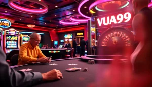 Exciting VUA99 casino scene with poker and slot machines in a vibrant atmosphere.